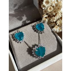 Conjunto Brinco e Colar Coração Turmalina Azul Ród... - LACARMEN