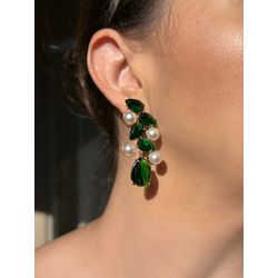 Brinco Gotas e Perola Verde Esmeralda Ouro - LACARMEN