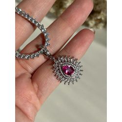 Pingente Safira Rosa/Pink Ródio Branco - LACARMEN