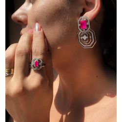 Conjunto Brinco e Anel Square Pink Banho Ródio - LACARMEN