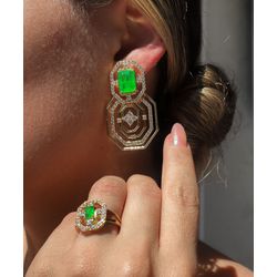 Conjunto Brinco e Anel Square Verde Banho Ouro - LACARMEN