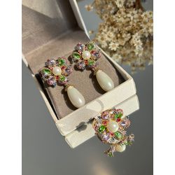 Conjunto Brinco e Anel Flor Colorida e Peróla - LACARMEN