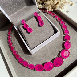 Conjunto Brinco e Colar Pedras Ovais Luxo Pink - LACARMEN