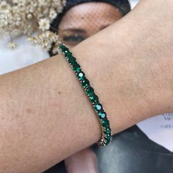 Pulseira Riviera Verde Esmeralda Banho Ródio Branc... - LACARMEN