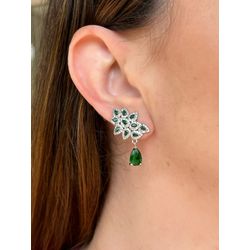 Brinco EarCuff Gota Verde Esmeralda Ródio Branco - LACARMEN