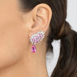 Brinco EarCuff Gota Luxo Safira Rosa/Pink Prateado - LACARMEN