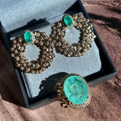 Conjunto Brinco e Anel Detalhes Flores Pedra Turma... - LACARMEN
