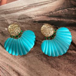 Brinco Leque Turquesa Ouro - LACARMEN