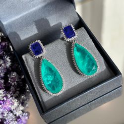 Brinco Luxo Turmalina e Azul Safira Prateado - LACARMEN