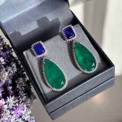 Brinco Luxo Verde Esmeralda e Azul Safira Prateado - LACARMEN