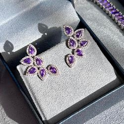 Brinco EarCuff Folhas Ametista Banho de Ródio Bran... - LACARMEN