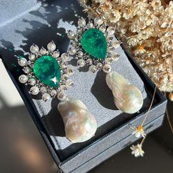 Brinco 2 em 1 Verde Esmeralda e Pérola Barroca - LACARMEN