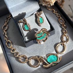 Conjunto Brinco, Colar e Anel Organico Pedra Turma... - LACARMEN