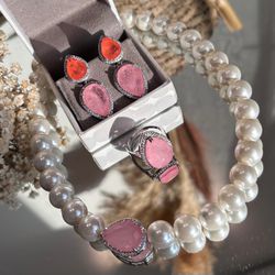 Conjunto 3 Peças Pérola Shell e Pedra Rosa/Tangeri... - LACARMEN