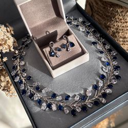 Conjunto Brinco e Colar Ramos Cristal e Azul Safir - LACARMEN