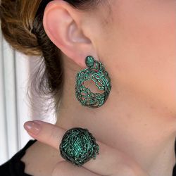 Conjunto Brinco e Anel Linhas Verde Esmeralda - LACARMEN