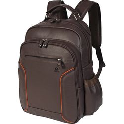 Mochila em Couro Original Tron Café com Detalhes Laranja.