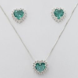 Conjunto Coração Cravejado Color 7mm Prata 925 - C... - LE BEAU
