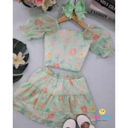 Conjunto Femino Kukie - Flores Verde - 32551/32568 - Lele Tete Moda Infantil