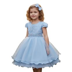 Vestido Infantil Azul Bebe Festa Bordado Com Cinto... - Lele Infantil
