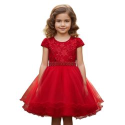 Vestido Infantil Vermelho Bordado Com Cinto De Pér... - Lele Infantil