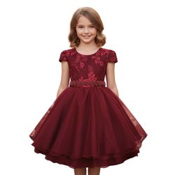 Vestido Infantil Bordô Bordado Com Cinto De Pérola... - Lele Infantil