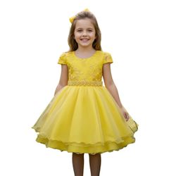 Vestido Infantil Amarelo Bordado Com Cinto De Péro... - Lele Infantil