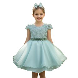Vestido Infantil Verde Bebe Bordado Com Cinto De P... - Lele Infantil