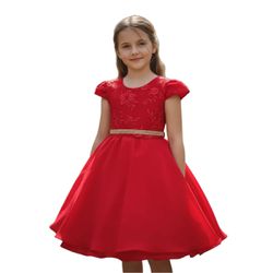 Vestido Juvenil Vermelho Curto Bordado Saia Lisa C... - Lele Infantil