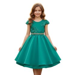 Vestido Juvenil Verde Curto Bordado Saia Lisa Com ... - Lele Infantil