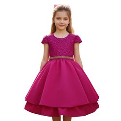 Vestido Juvenil Rosa Curto Bordado Saia Lisa Com C... - Lele Infantil