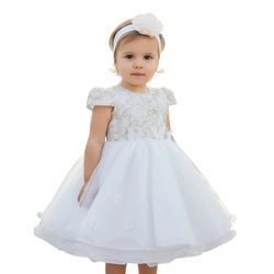 Vestido De Bebê Batizado Menina Champanhe Com Faix... - Lele Infantil