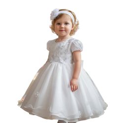 Vestido De Bebê Batizado Menina Branco Com Faixa C... - Lele Infantil
