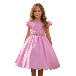 Vestido Juvenil Rosa Com Aplicações De Flores Eleg... - Lele Infantil