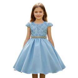 Vestido Juvenil Azul Bebe Com Aplicações De Flores... - Lele Infantil
