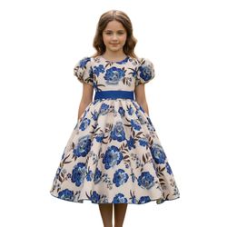 Vestido Infantil Flora Azul Estampado Flores Passa... - Lele Infantil