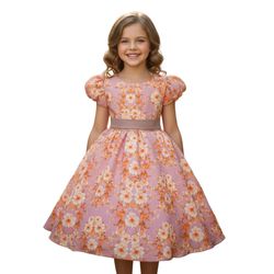 Vestido Infantil Flora Laranja Estampado Flores Pa... - Lele Infantil