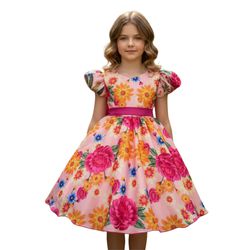 Vestido Infantil Flora Rosa Estampado Flores Passa... - Lele Infantil