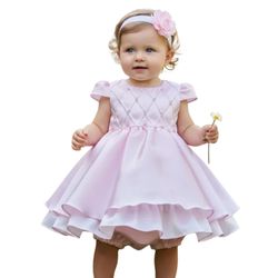 Kit Vestido De Batizado Rosa Aniversário Faixa E C... - Lele Infantil