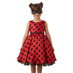 Vestido Infantil Curto Fantasia Ladybug Máscara Te... - Lele Infantil