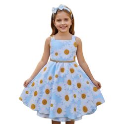 Vestido De Festa Juvenil Azul Margaridas Curto Ani... - Lele Infantil