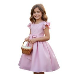 Vestido Infantil Rosa Formatura Festas Manga Com B... - Lele Infantil