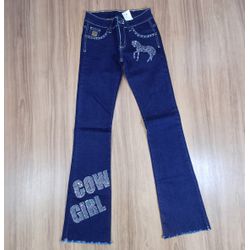 Calça Jeans Juvenil Feminina American Country Boots Cut Bordada 