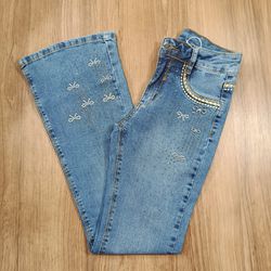 Calça Jeans Juvenil Feminina American Country Boots Cut Bordada 