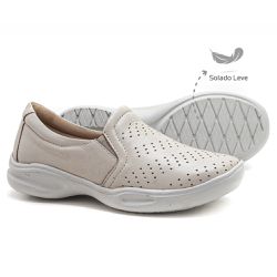 Tênis Feminino Confortável elástico Couro Creme Le... - Levecomfort Calçados