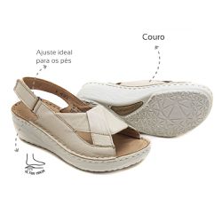 Sandália com Velcro em Couro Creme Levecomfort - 1... - Levecomfort Calçados