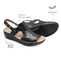 Sandália em Couro Preto Levecomfort - 10235 - Levecomfort Calçados