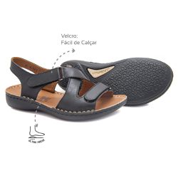 Sandália com Velcro Couro Preto Levecomfort - 103... - Levecomfort Calçados