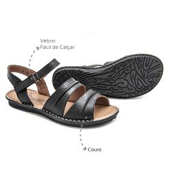Sandália com Velcro couro Preto Levecomfort - 1061... - Levecomfort Calçados