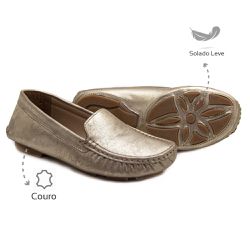 Mocassim Feminino Ultra Macio Couro Dourado Rustic... - Levecomfort Calçados